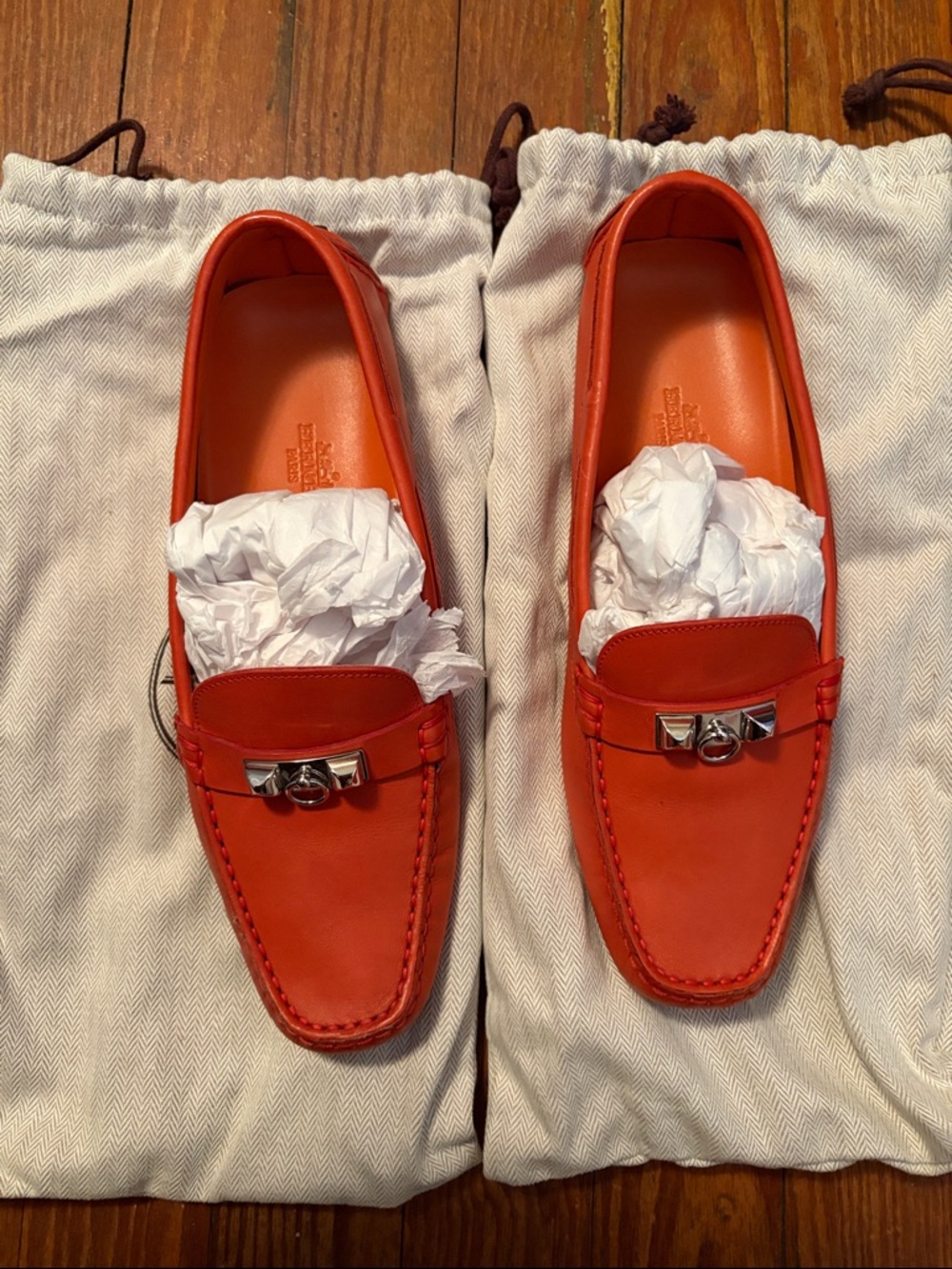 Hermes Orange Leather Women’s Loafers with Silver-Tone Hardware